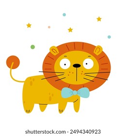 funny little lion with a butterfly and bright confetti on a white background