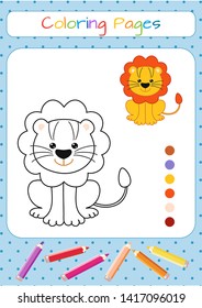 Funny little lion cub. Copy the picture. Coloring book. Educational game for children. Cartoon vector illustration
