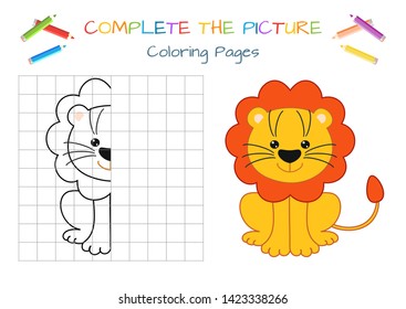 Funny little lion cub. Copy the picture. Coloring book. Educational game for children. Cartoon vector illustration