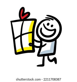 Funny little man with big gift box in his hands. Vector sketch illustration of stickman with smile and carring present for the holiday.
