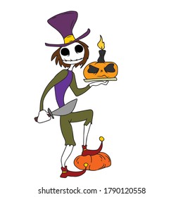 Funny little man carrying a pumpkin pie .Vector children's illustration on a white isolated background.Banner and postcard design