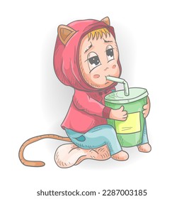 Funny little man Chibi in clothes sitting drinking juice from a glass through a straw, contour vector color illustration