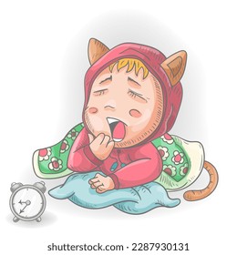 Funny little man Chibi in clothes yawns lying on a pillow under a blanket, color contour vector illustration in the style of a doodle