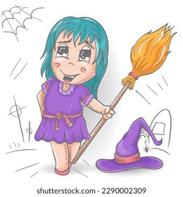 A funny little man in Chibi clothes holds a broom and stands next to a witch hat color, contour vector illustration in the style of a doodle