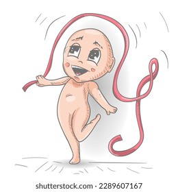 Funny little man Chibi jumps with a ribbon, color contour vector illustration in the style of a doodle