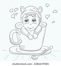 Funny little man Chibi sedit in a tea cup, contour vector illustration