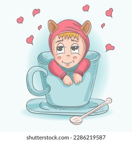 Funny little man Chibi, sitting in a tea cup, contour vector color illustration