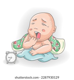 Funny little man Chibi yawns lying on a pillow under a blanket, color contour vector illustration in doodle style