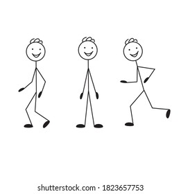 Un pequeño hombre gracioso en poses diferentes está de pie, corriendo, caminando. Esbozo.