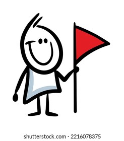 Funny little man eith red flag doodle illustration. Hand drawn vector boy with smile on the face.