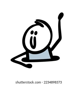 A funny little man looks out of a hole in the ground and waves a greeting hand. Vector illustration of stick gigure character in positive mood.