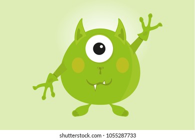 a funny little man, monster, green waving Hello!