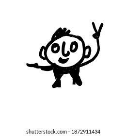 A funny little man with outstretched arms. A hand-drawn cartoon character. Black and white Doodle illustration