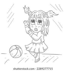 A funny little man in a skirt is standing next to the ball, a contour vector illustration in the style of a doodle