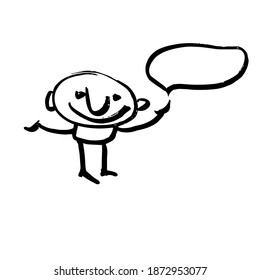 Funny little man talking in a conversation bubble. A hand-drawn cartoon character. Vector black and white Doodle illustration
