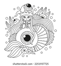 Funny little mermaid with big eye. Underwater sea monster girl. Scary fairy tale princess. Cute fish lady. Coloring page. Cartoon vector illustration. Isolated on white. Outlined hand drawn artwork