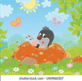 Funny little mole digging its small burrow in a green garden on a sunny summer day, vector illustration in a cartoon style