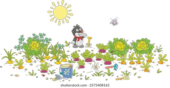 Funny little mole gardener among green vegetables in a kitchen garden on a sunny summer day, vector cartoon illustration isolated on a white background