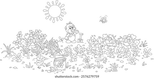 Funny little mole gardener among vegetables in a kitchen garden on a sunny summer day, black and white vector cartoon illustration for a coloring book