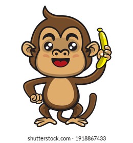 Funny Little monkey cartoon characters carrying a banana, best for sticker or mascot of zoo or fruits shop 