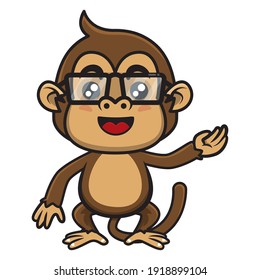 Funny Little monkey cartoon characters wearing eyeglasses and show direction with hand gesture, good for sticker of directions in the safari park