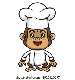 Funny Little Monkey Cartoon Characters wearing Chef Hat and Chef Uniform, standing and greeting, best for mascot or logo of culinary business services
