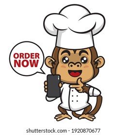 Funny Little Monkey Cartoon Characters showing smartphone and say Order Now in bubble text, best for mascot or sticker of culinary delivery services business