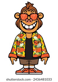 Funny Little Monkey cartoon characters wearing branded streetwear like sunglasses, Camouflage shirt, fancy short pants, and sneakers. Best for sticker, logo, and mascot with fashion themes