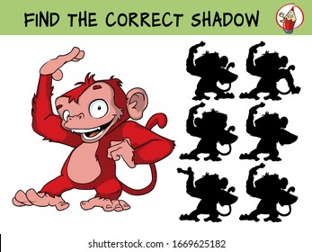 Funny little monkey. Find the correct shadow. Educational matching game for children. Cartoon vector illustration