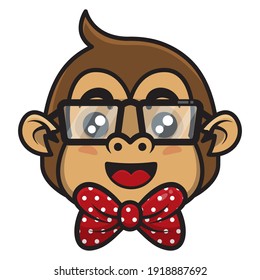 Funny Little Monkey Head cartoon characters wearing eye glasses and bow ties, best for icon or logo of circus show for children