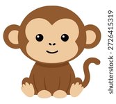 Funny little monkey sitting and smiling cartoon illustration for kids graphic design and animal stickers
