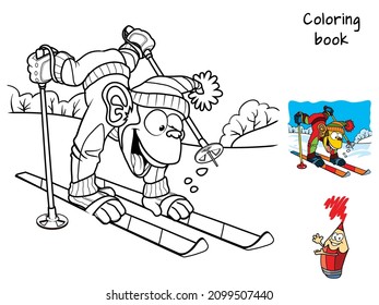 Funny little monkey skiing. Coloring book. Cartoon vector illustration