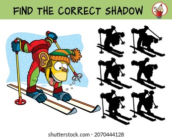 Funny little monkey skiing. Find the correct shadow. Educational matching game for children. Cartoon vector illustration