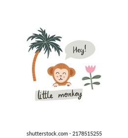 Funny little monkey. Vector character in cartoon handdrawn style. Card, poster composition design. Kids illustration with tropical plants isolated on white background.