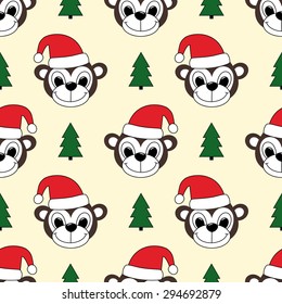 Funny little monkeys in Christmas caps. Seamless winter holidays theme monkey and Christmas tree background pattern in vector. Chinese New Year symbol monkey illustration.