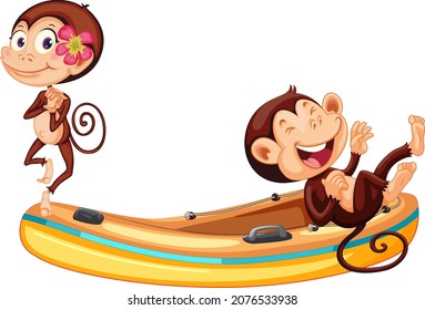 Funny little monkeys on inflatable boat illustration