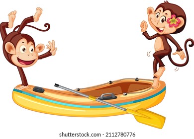 Funny little monkeys on inflatable boat illustration