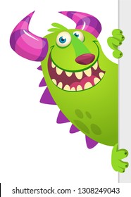 Funny Little Monster Cartoon Character Holding A Blank Sign. Vector Illustration Isolated On White Background