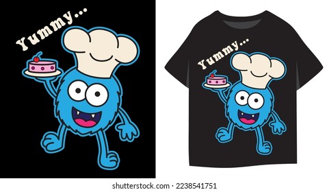 Funny little monster chef cook with a plate of cake illustration for kids t shirt design with template