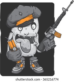 Funny little monster with weapons/ Fully editable Eps 10 illustration.