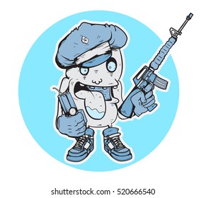 Funny little monster with weapons  / Fully editable Eps 10 illustration.