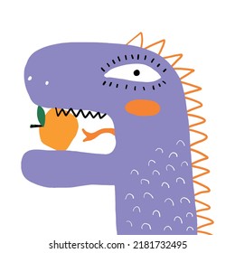 Funny Little Monster with Yellow Apple. Cute Abstract Vector Illustration with Sweet Hand Drawn Dragon Isolated on a White Background. Simple Print with Violet Dinosaur ideal for Card, Wall Art.