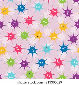 Funny little monsters or abstract multicolored spiders. Seamless pattern. Halloween background.