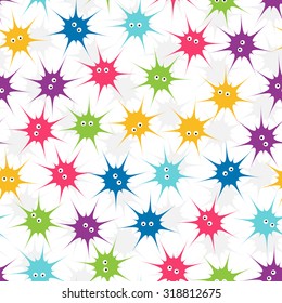 Funny little monsters or abstract multicolored spiders. Seamless pattern. Halloween background.