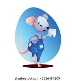 A funny little mouse in a blue jumpsuit with a pocket jumps with joy holding a tooth in his paws. Character - Mouse - tooth fairy. Children's vector illustration