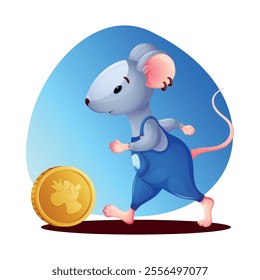 Funny little mouse in blue overalls with a pocket runs after a coin. Character - Mouse - tooth fairy. Children's vector illustration