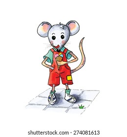 funny little mouse boy with ice cream isolated over white background