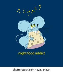 funny little mouse eating in the night. food addict and strong diet. vector illustration