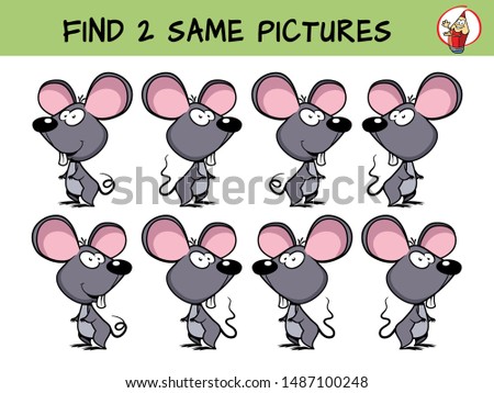Funny little mouse. Find two same pictures. Educational game for children. Cartoon vector illustration