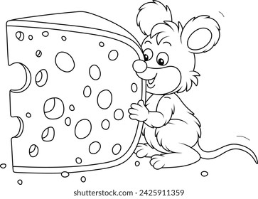 Funny little mouse gnawing a big piece of very tasty cheese at breakfast in a pantry, black and white vector cartoon for a coloring book